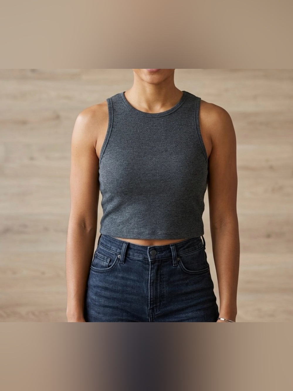 Modern High-Neck Ribbed Racerback Tank Top - Dark Grey, Size Small